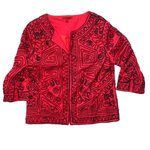 Joni B  Red Sz Medium Jacket Art to Wear Topper Black Embroidered 3/4 Sleeve